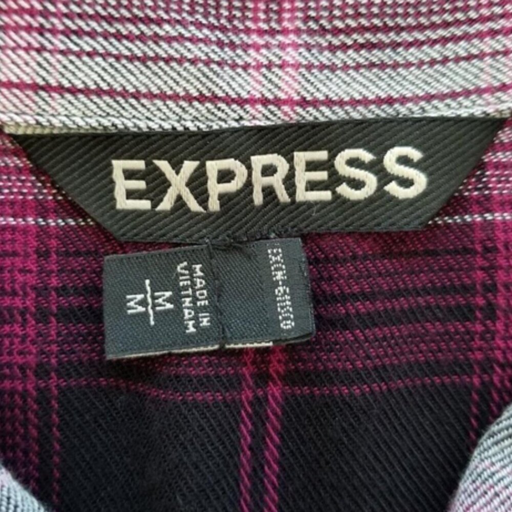 Express Burgundy Gray Plaid Flannel Roll Tab Studded Shoulder Button Down Shirt - Picture 7 of 7